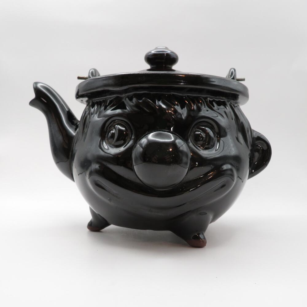 Vintage Thames Japan Clown Face Teapot Dark Brown Redware with Wire Handle